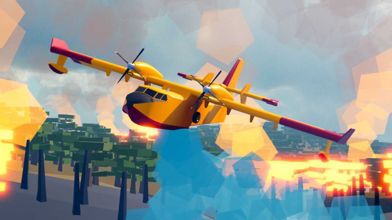 Yellow amphibious firefighting plane dropping water on a burning forest in FIRE PLANES on Roblox