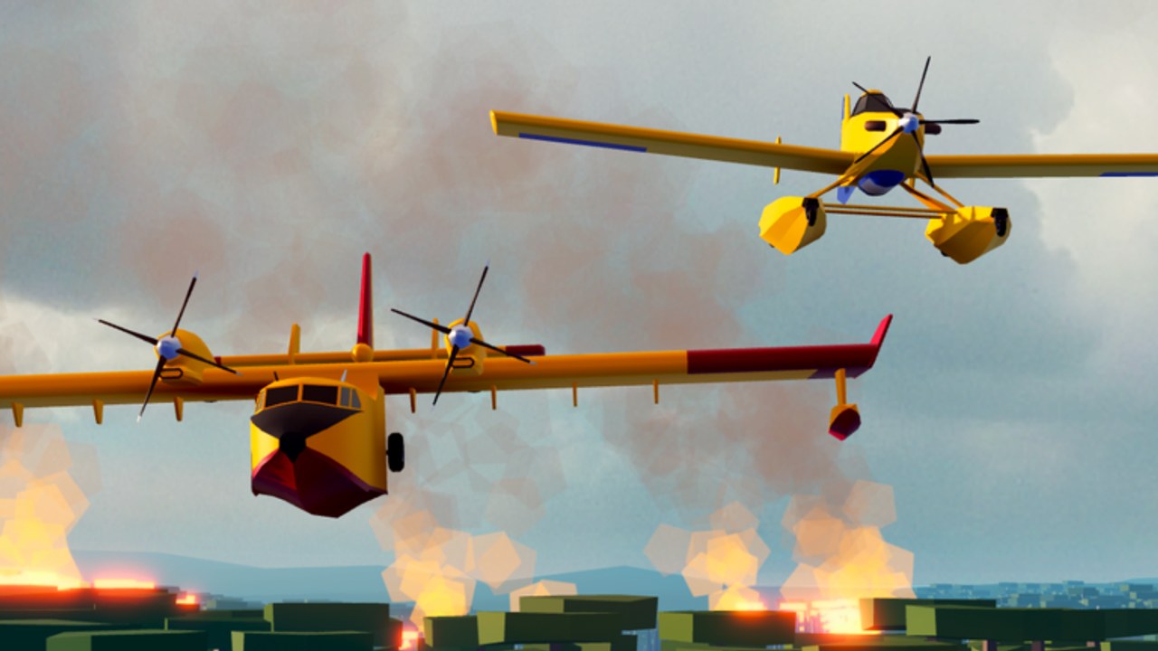 Two FIRE PLANES aircraft flying over a smoky town while wildfires burn below